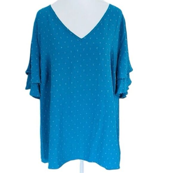 BloomChic Swiss chenille dot v neck top w/double ruffle flutter sleeve sz 18-20 - Picture 5 of 11
